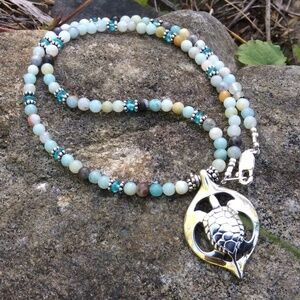 Sterling Silve KAUILA TURTLE  16" Black/Gold Ammonite &Apatite Beaded Necklace